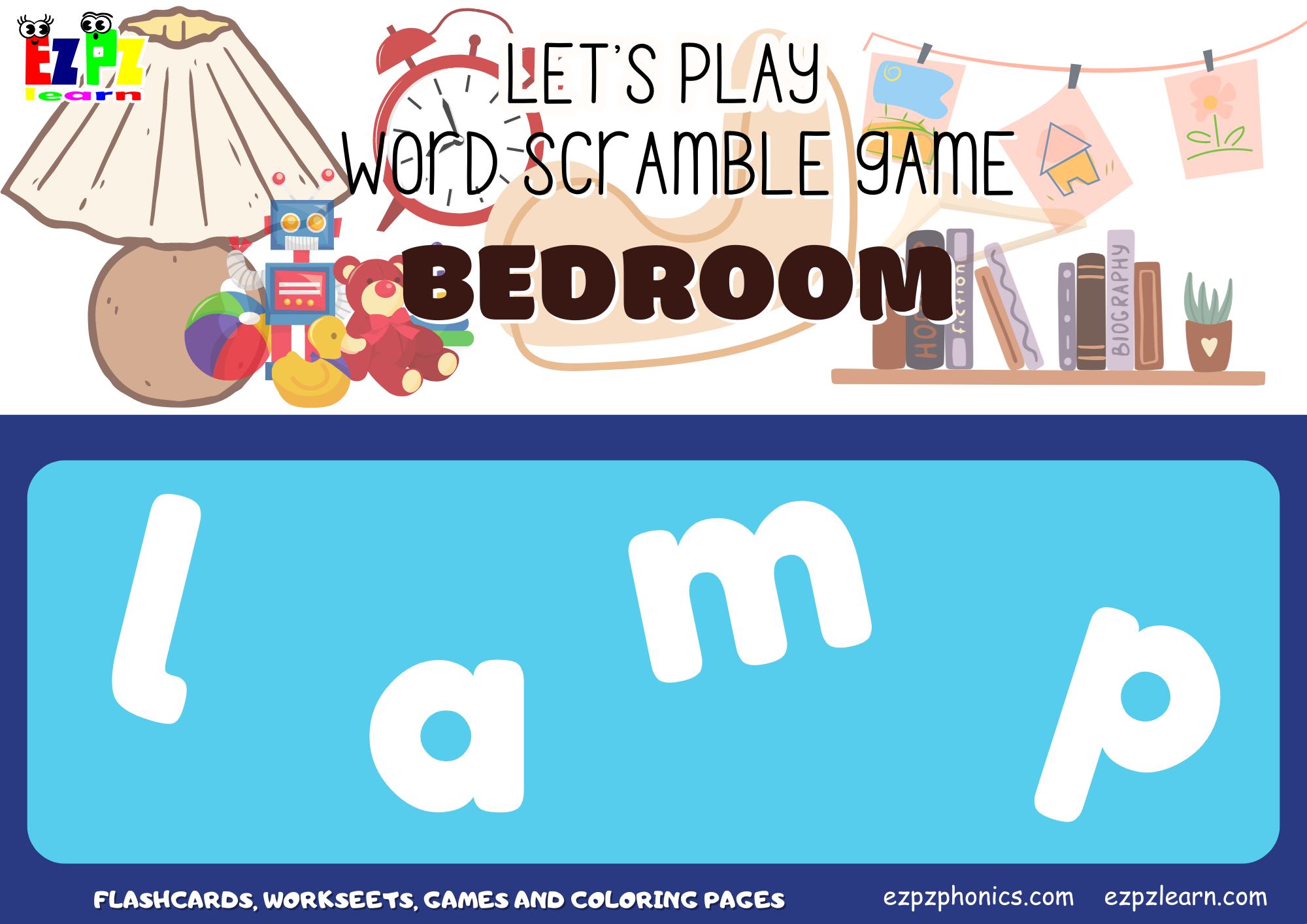Bedroom Vocabulary Word Scramble Game. For kids and English language learners.